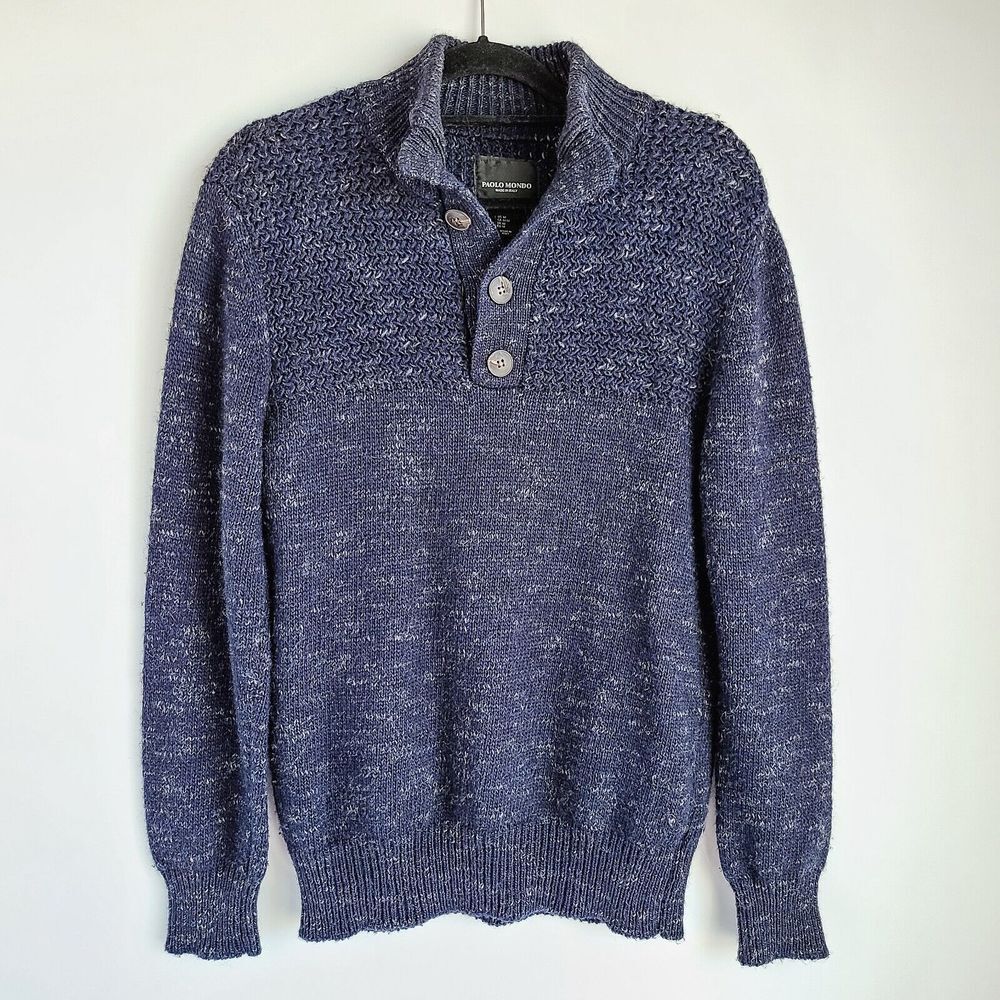 Paolo Mondo Wool Blend Mock Neck Sweater Mens L Navy Knit Made In Italy